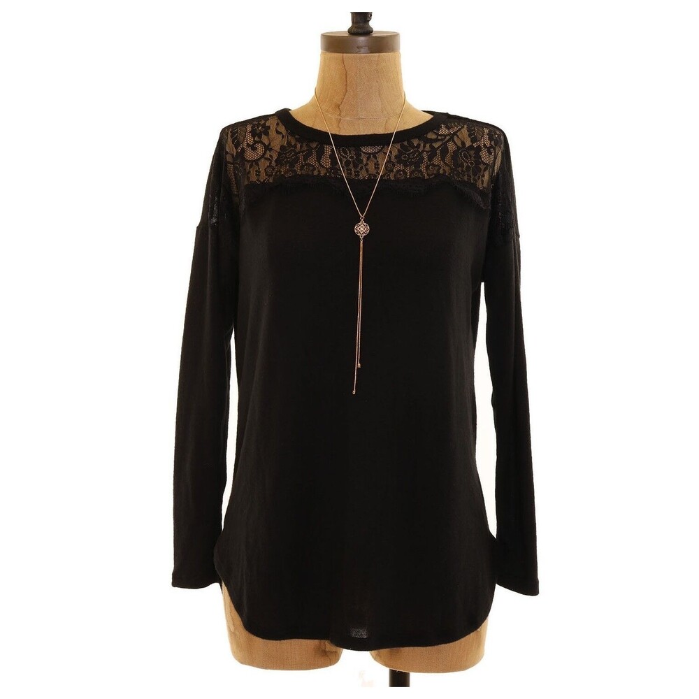 Bobeau Nordstrom Sweater Top Size XS Curved Hem Lace Yoke Black EUC B53